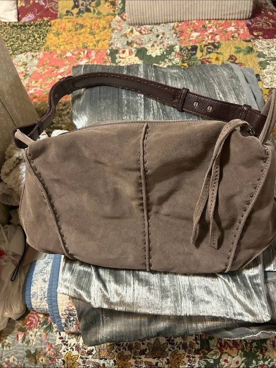 The Sak Handbags - The Sak Taupe Suede Shoulder Bag with Dark Brown Strap